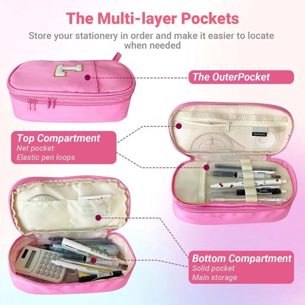 SnelShoppen - Aesthetic Pen Case met Letters, Dubbel Laags, 2 Compartimenten, Gouden Chenille Initialen, Grote Capaciteit, Geschikt voor Meisjes en Ti