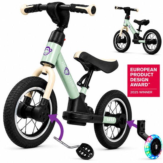 Kidcruiser Loopfiets 2+ jaar - Met LED Zijwieltjes & Trappers - 3-in-1 Kinderfiets - 12 inch – Lichtgroen – Modulair Design - Driewieler loopfiets