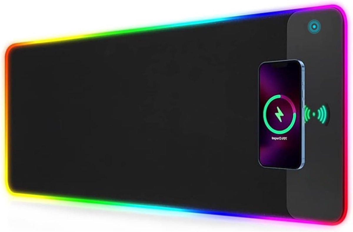 SnelShoppen - Gaming-muismat RGB XXL met Draadloos Opladen 15W Qi, 14 LED Lichtmodi, Extra Groot 800x300mm, Antislip Rubber, Voor PC en Laptop, Perfec