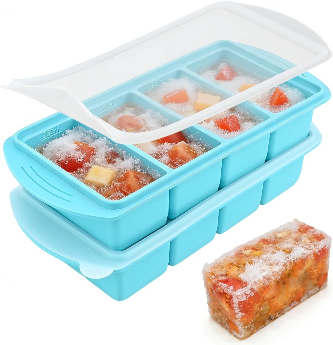 Extra grote soepcontainers voor het invriezen, 2-pack silicone vriesvormen met deksel, 4-compartimenten voor maaltijdprep en opslag van 8 kopjes soep
