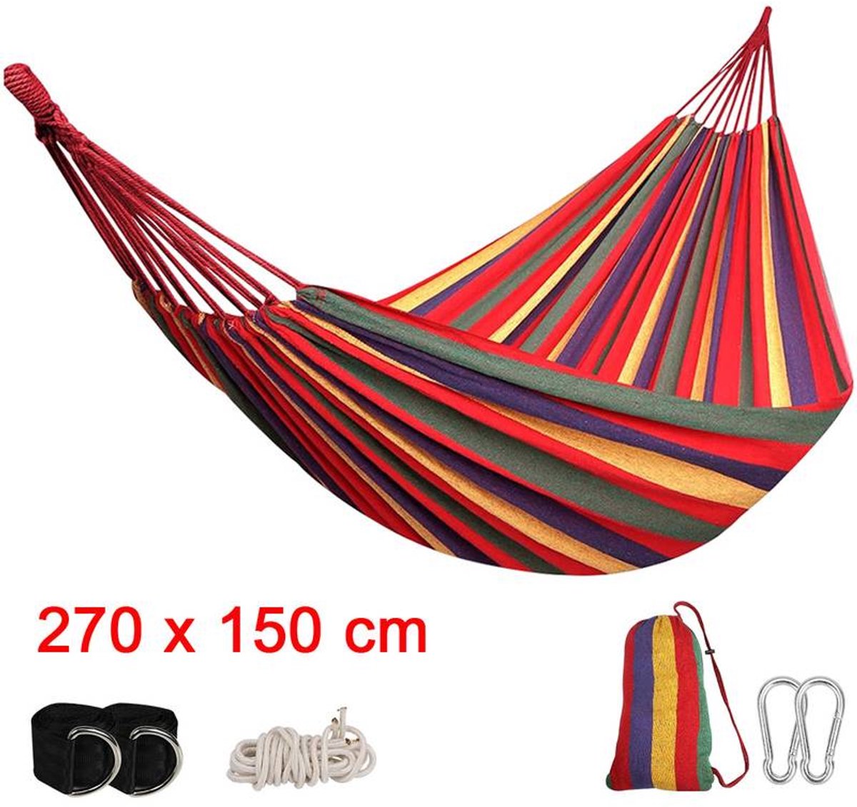 Hangmat voor 2 personen, rood, 150 cm breed, 270 cm lang, 200 kg draagvermogen - Ontspannende ligstoel voor tuin, terras, balkon - Duurzame stof, houten spreidstangen, gevlochten touwen