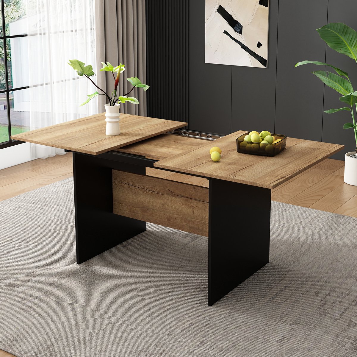 MEUNIQ Uitschuifbare eettafel 140-180 x 80 cm, rechthoekige eettafel voor 4-6 personen met MDF tafelblad, eetkamer, zwart en donker walnoot