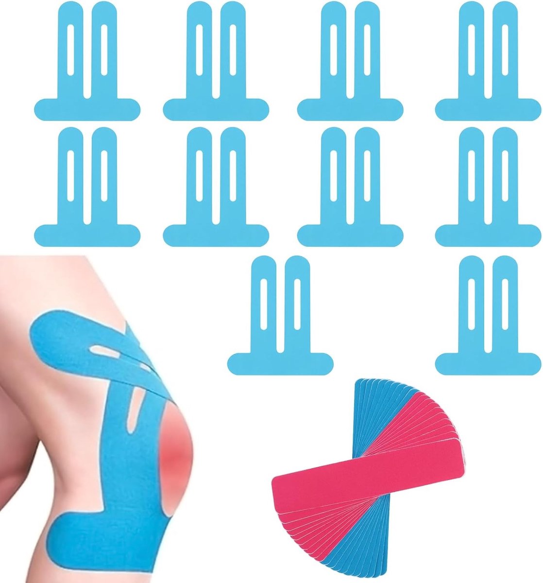 Precut Kinesio Tapes voor Kniepijn - 10 Blauwe en 20 Strips in Blauw en Roze, Waterdichte Fysiotherapie Tape voor Effectieve Pijnverlichting en Ondersteuning