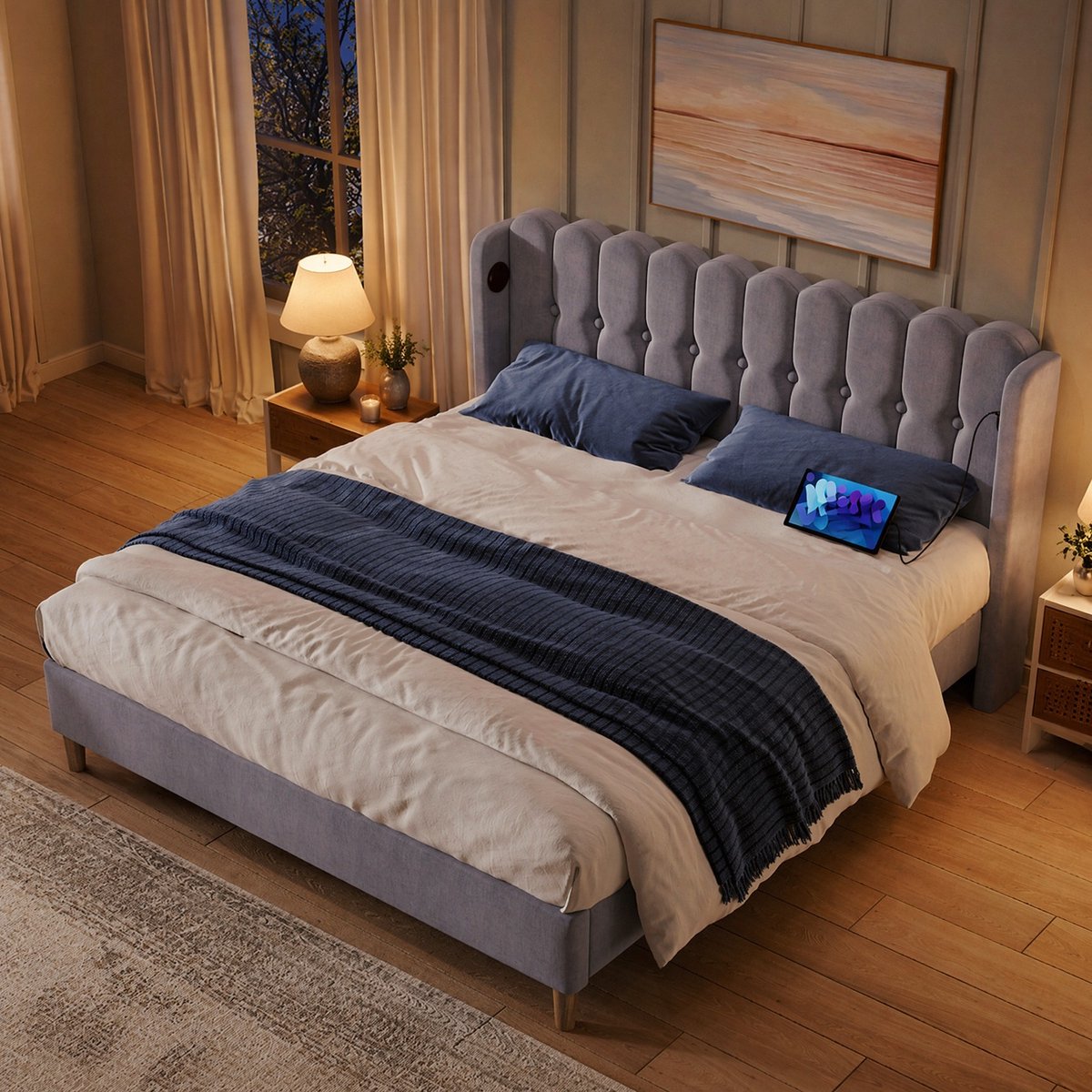 COVREO Gestoffeerd bed met USB-C laadfunctie – 153x208x103 cm – Bedframe van linnenmateriaal – voor slaapkamer en logeerkamer – Grijs - zonder matras