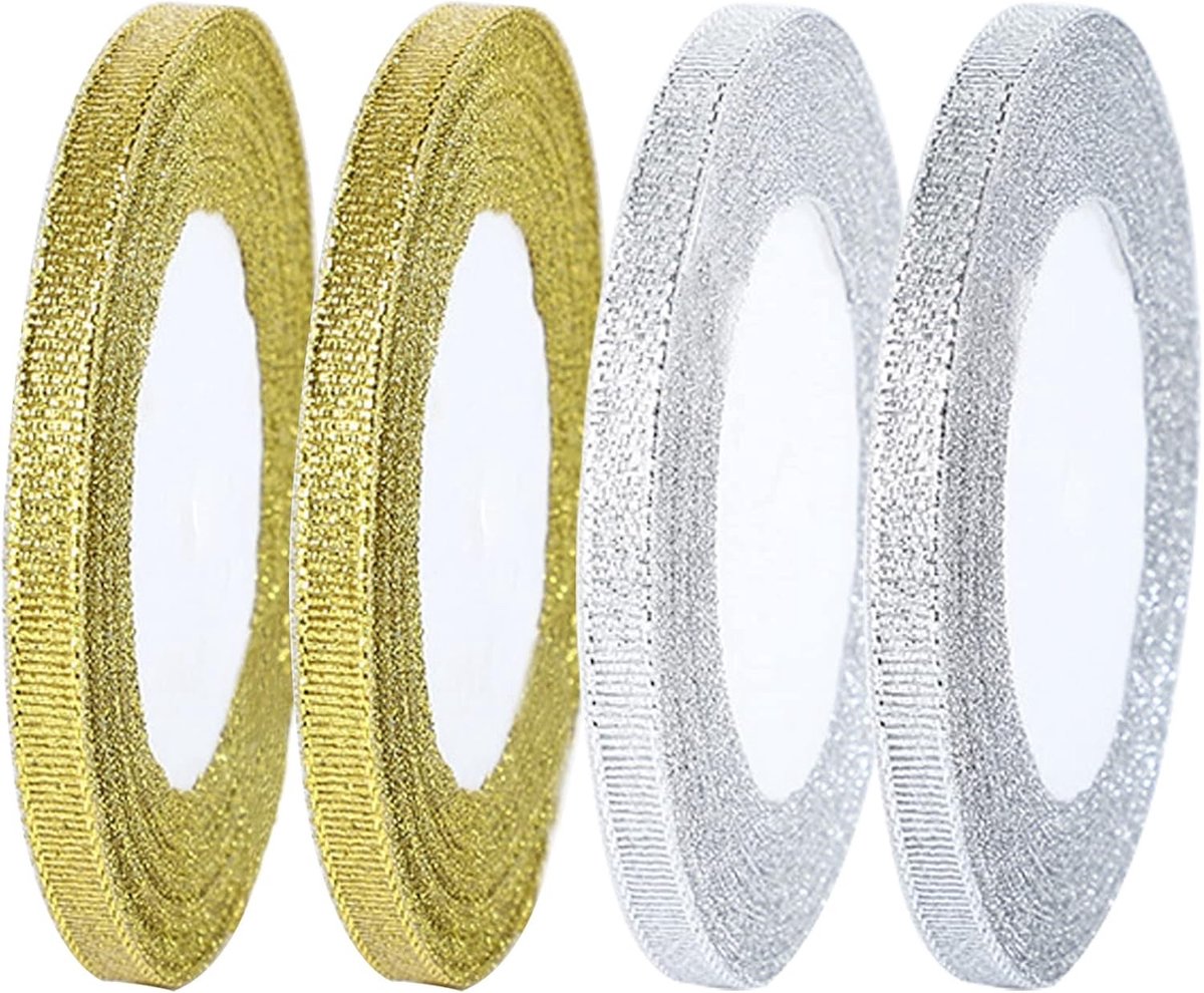 Glitterende Metallic Ribbons voor Cadeauverpakkingen, Decoraties en DIY Creaties (Goud en Zilver, 0.24 Inch Breed)