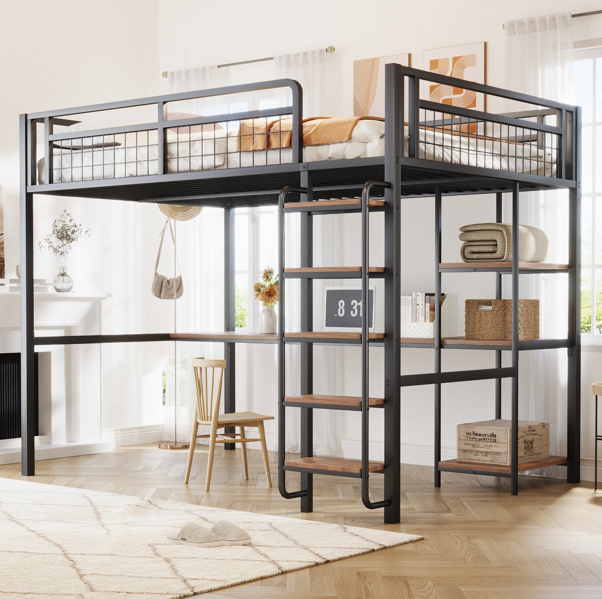 COVREO Hoogslaper met ladder – 203,5x146,8x182,5 cm – Metalen bed met bureau en planken – voor slaap en studie – Zwart - zonder matras