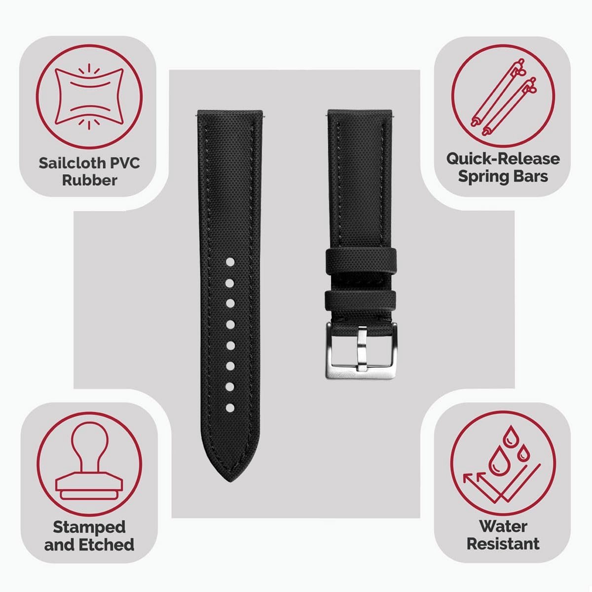 SnelShoppen - Atlas-horlogeband van zeildoek, zwart, 18 mm - Duurzame en comfortabele horlogeband voor dagelijks gebruik, sport, casual en meer