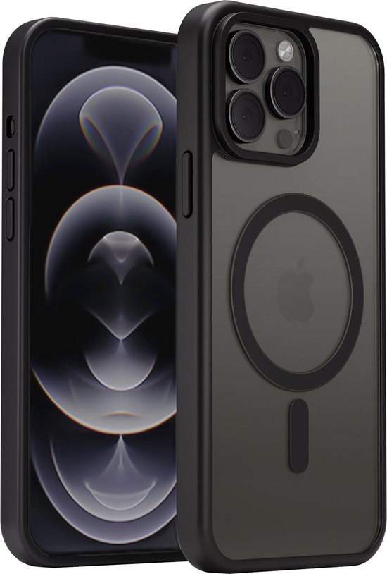Zwart iPhone hoesje, deels met scherm, en de achterkant met de Apple logo en MagSafe ring.