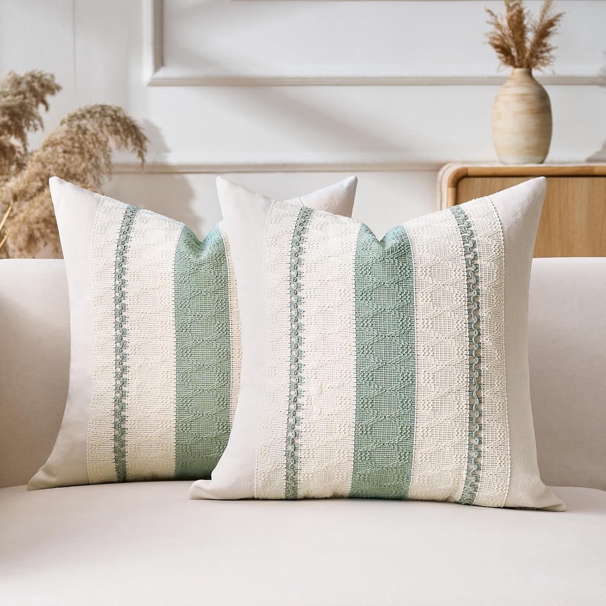 SnelShoppen - Boho Kussenhoezen Set van 2 - Saliegroen Vierkante Kussenslopen 40x40 cm - Beige Linnen Decoratieve Kussens voor Woonkamer, Bank, Slaapk