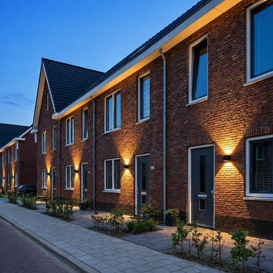 Rij met bakstenen huizen met verlichte voordeuren en zwarte wandlampen aan de gevel.