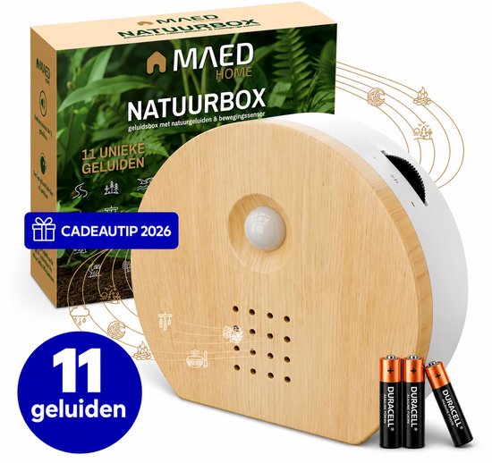 Houten natuurgeluidsbox met sensor. Voorzien van 11 unieke natuurgeluiden, cadeautip 2026. Inclusief Duracell batterijen.