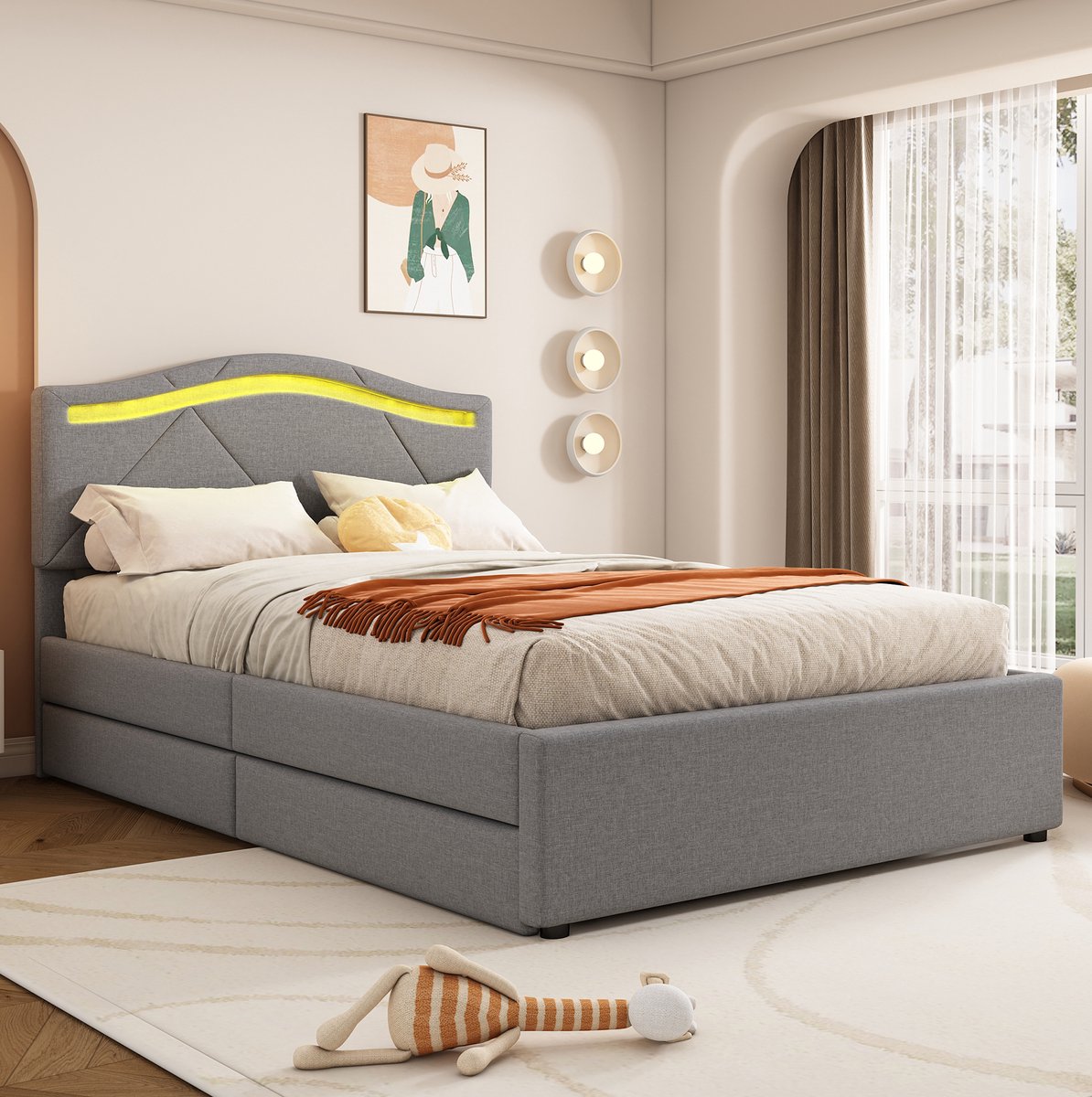 COVREO Gestoffeerd bed met LED en 2 lades – 90x200 cm – Slaapmeubel van linnen en MDF – voor slaapkamer en logeerkamer – Grijs - zonder matras Gray