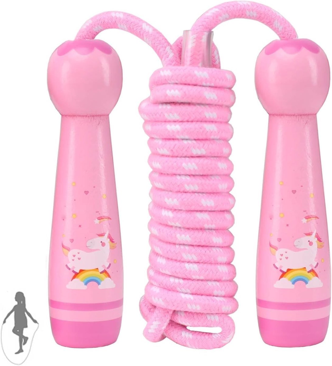 Verstelbare Springtouw voor Kinderen met Houten Handvat en Katoenen Touw, Geschikt voor Fitness en Oefeningen, 2.6m (Roze)