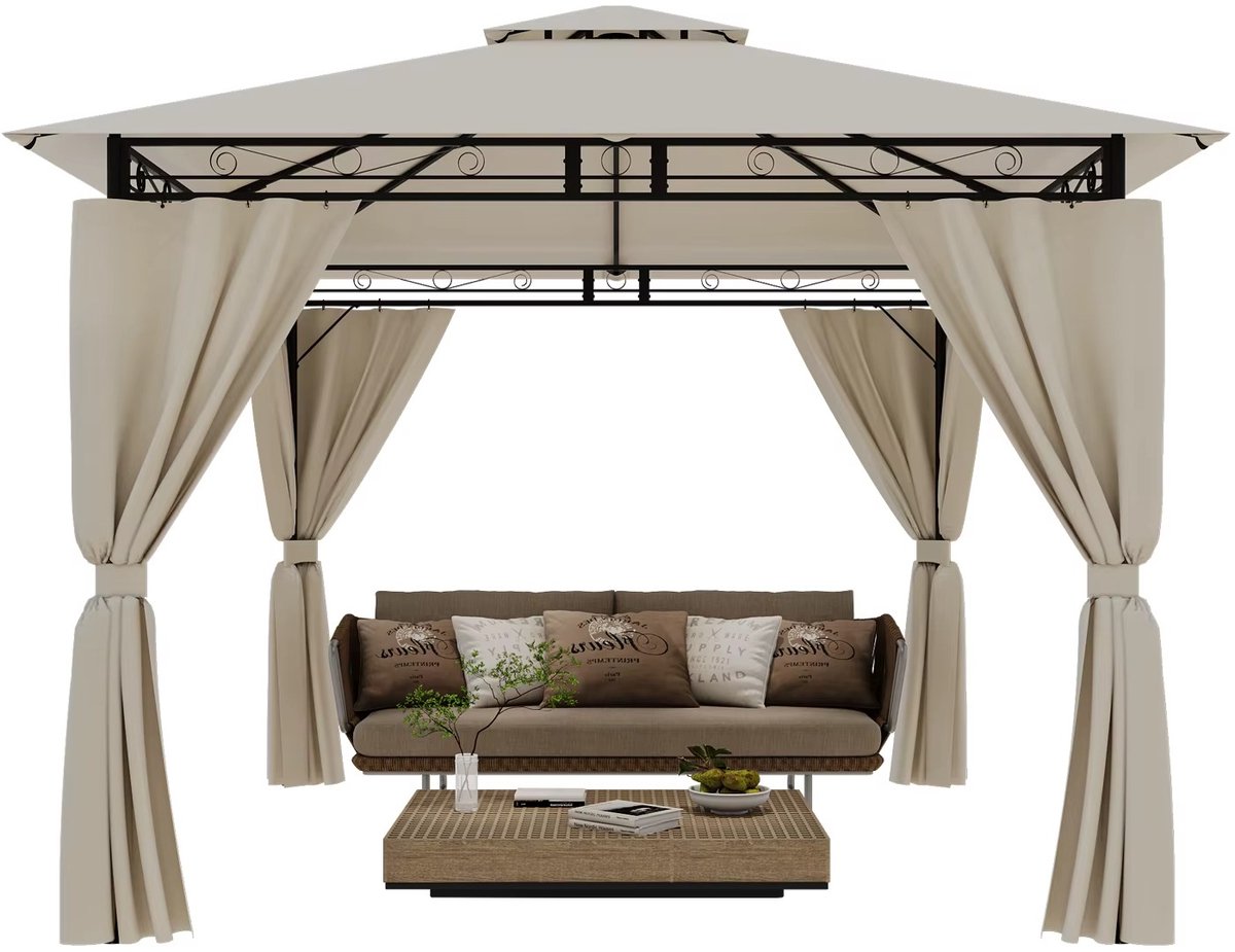 Luxe Tuinpaviljoen met Dubbel Dak – Partytent 3x3 m – Waterdicht Metalen Frame – Paviljoen voor Tuin, Terras & Feesten