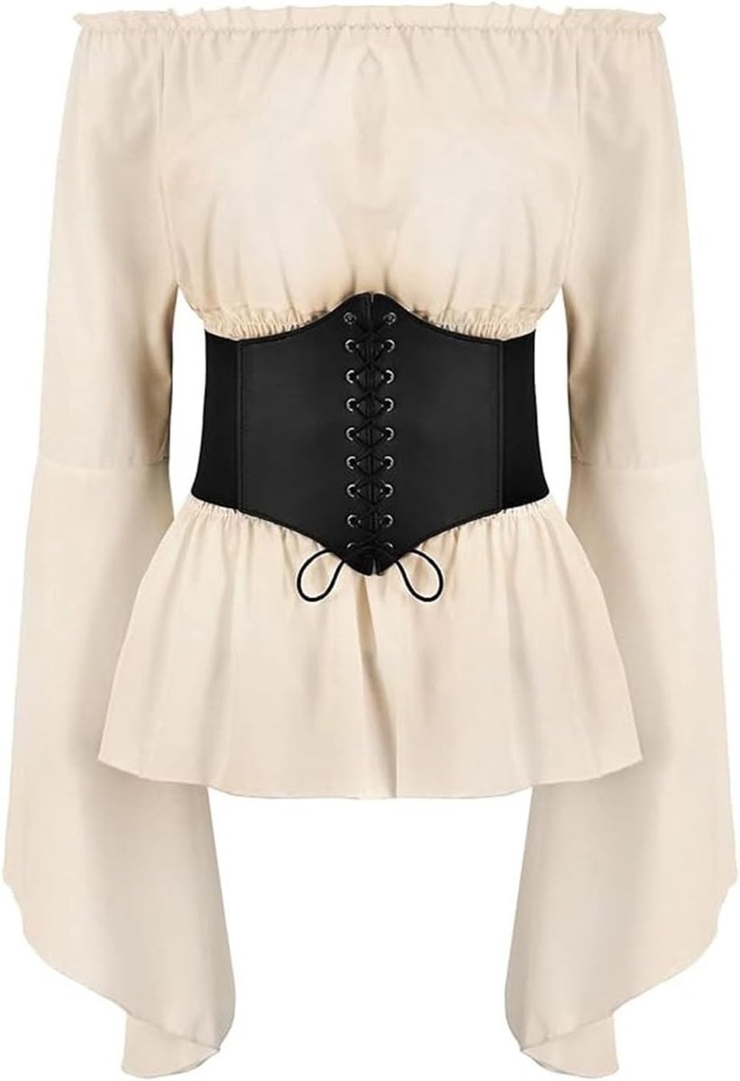 Gothic Steampunk Lange Mouwen Off Shoulder Corset Top met Riem voor Vrouwen - Victoriaanse Renaissance Kostuum