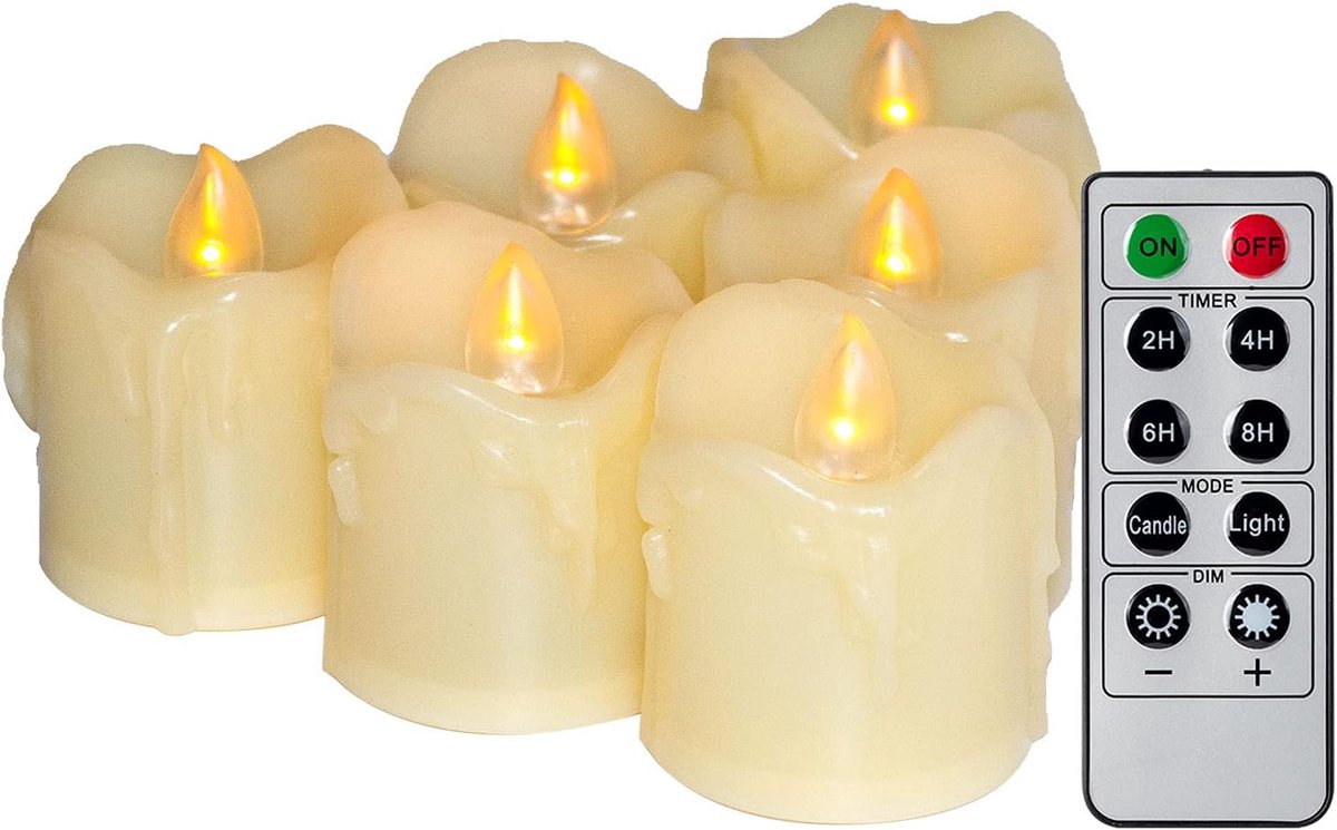 SnelShoppen - 6 Stuks Led Flikkerende Vlamloze Wax Druipende Votive Theelichtjes Kaarsen met Afstandsbediening voor Buiten en Binnen, Batterij Werkt o