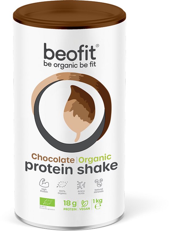 Een witte pot met bruin deksel van beofit chocolade biologische eiwitshake. Het etiket toont een cirkelvormig logo en "Chocolate Organic protein shake".