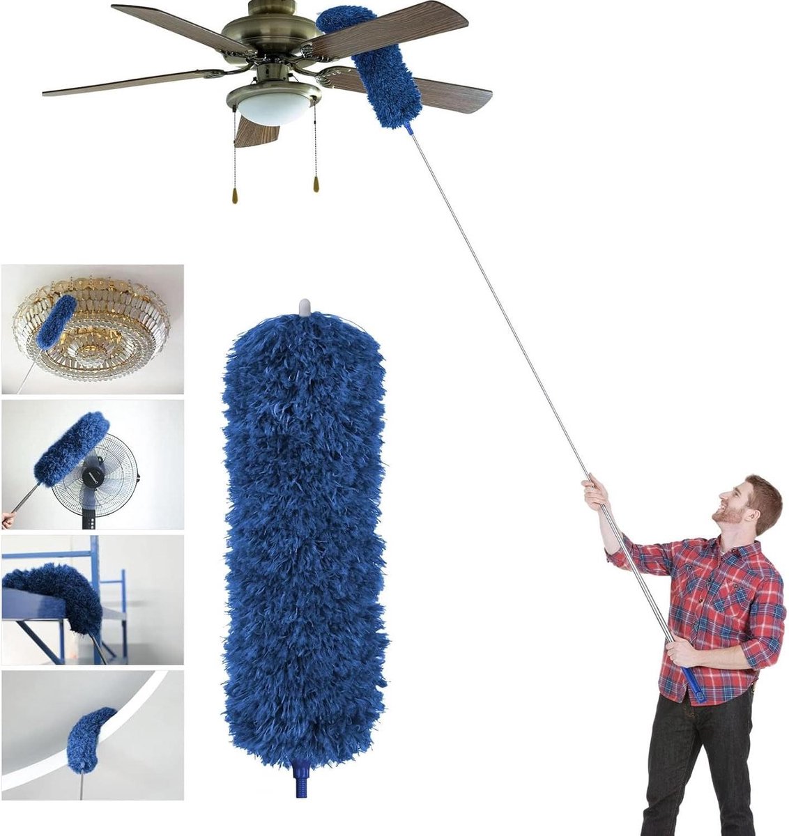 Telescopische Plumeau - Stofwisser Bezem - Hoge Oppervlakken Reinigen - Buigbare Kop Roestvrij Staal - Tot 245cm - Donkerblauw