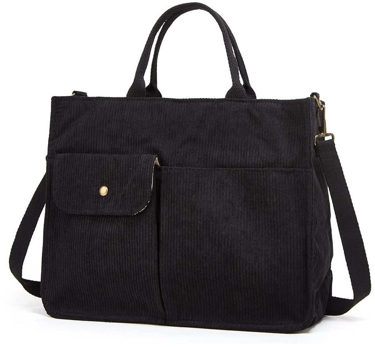 SnelShoppen - Tote Bag Vrouwen Corduroy Hobo Tas - Modieuze Boekentas, College Tas & Reistas - Crossbody Messenger Bag - Handtas in A Zwart, One Size