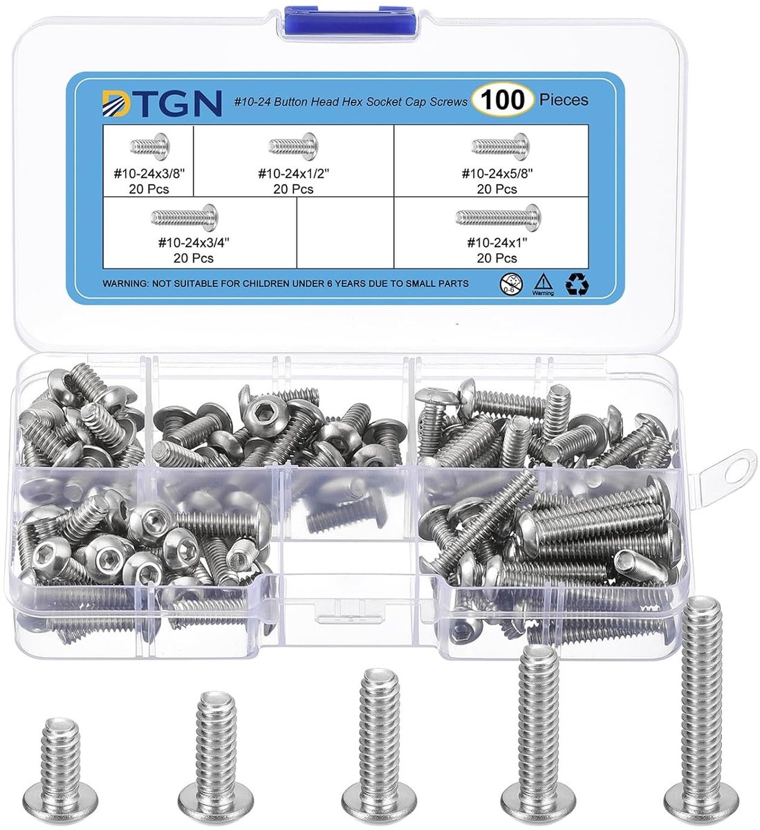 100-delige Hex Socket Head Schroeven Set - 3/8 inch tot 1 inch, 304 RVS, UNC Draad, Duurzaam en Corrosiebestendig