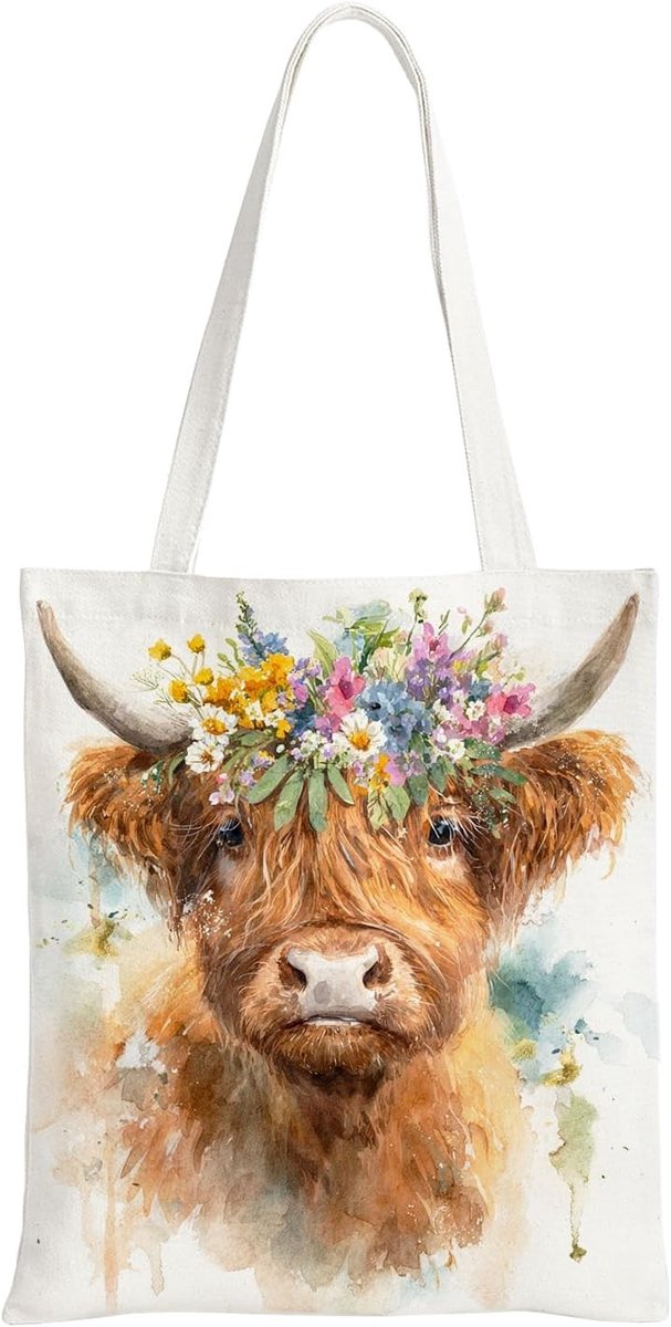 Canvas Tote Bag met Hoogland Koe - Dubbelzijdig Geprinte Herbruikbare Tas voor Winkelen, Reizen en Schoolgebruik