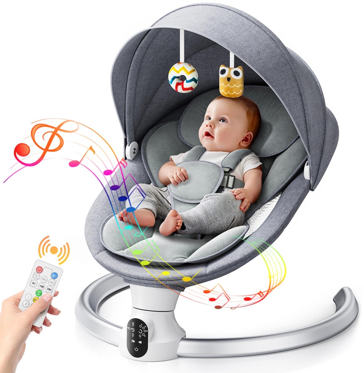 SnelShoppen - Elektrische Babywipstoel met App en Afstandsbediening, 5 Schommelsnelheden, Babyschommel met Speelgoed Boog, Comfortabele Schommelbank v