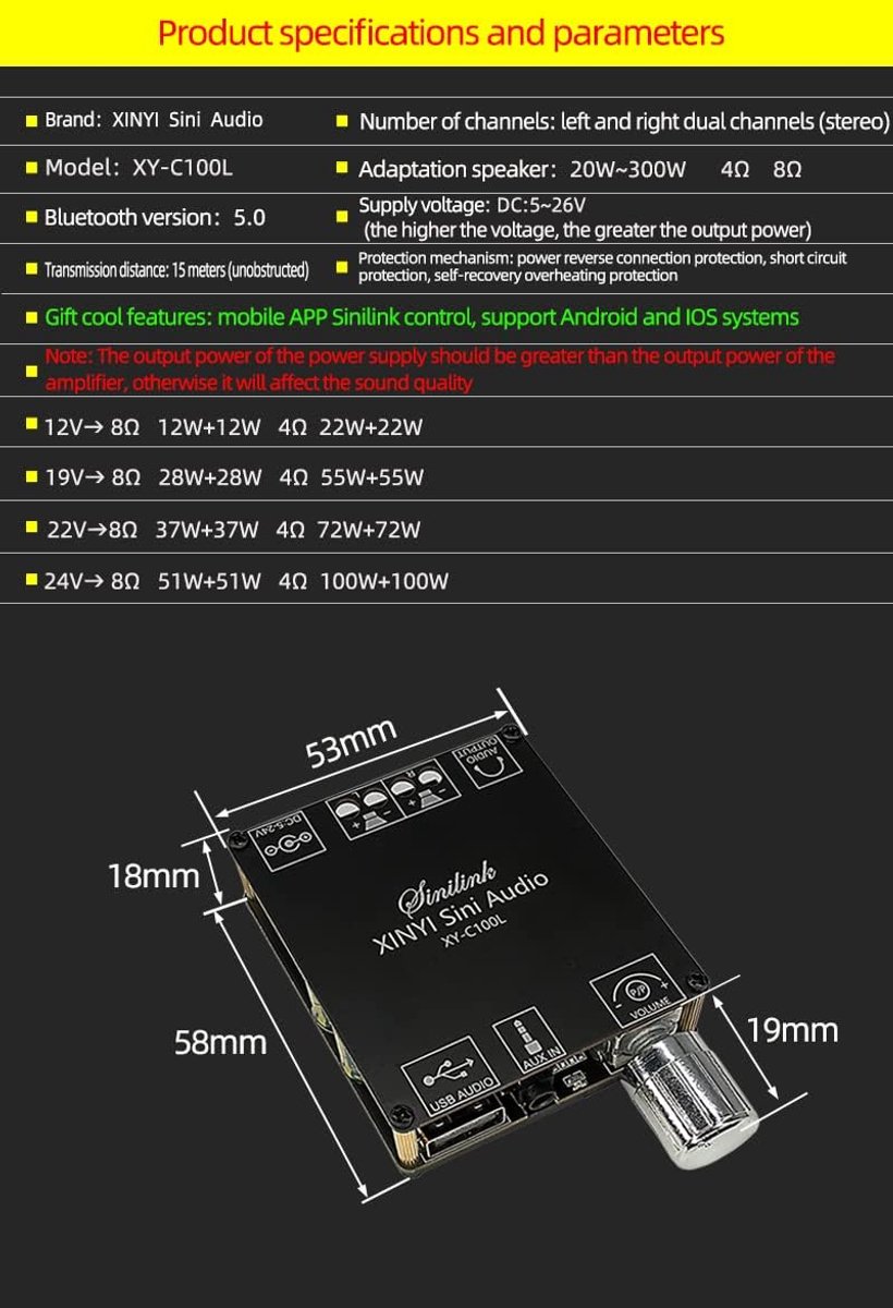 SnelShoppen - Bluetooth Versterker Board 100W + 100W Piekoutput 2.0 Kanaal DC: 8-26V BT 5.0 Amplifier voor DIY Draadloze Speakers, Overhitting Bescher