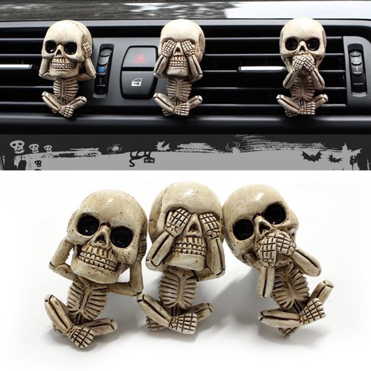 Luchtverfrisser Auto Unieke Set Van 3 Schedels - Automatisch - Vent Clips - Duurzaam - Gotische Decoratie - Cedarwood Geur - Auto Geurhanger