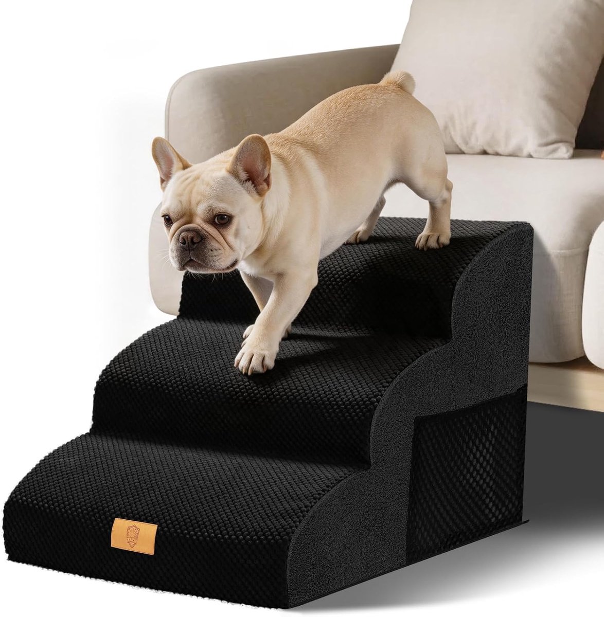 SnelShoppen - Hondentrap voor Kleine Honden, 3 Treden, Hoogte 40cm, Hoogwaardige Schuim, Waterdichte Hoes, Anti-Slip Hondentrap voor Sofa en Bed, Zwar