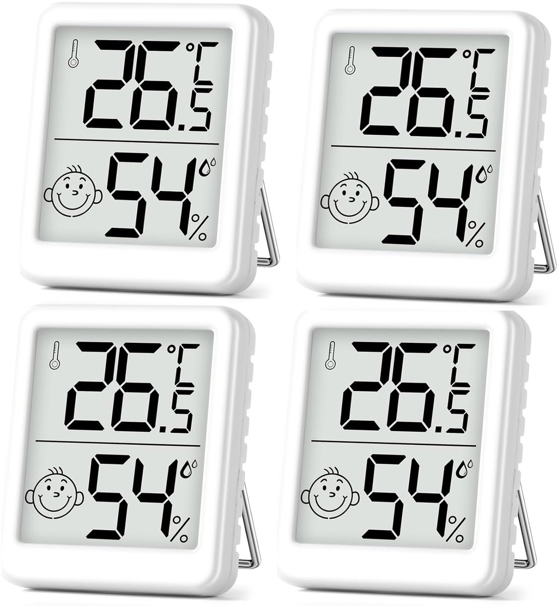 SnelShoppen - Digitale Mini LCD Thermometer Hygrometer 4 Pack - Betrouwbare Nauwkeurigheid voor Babykamer, Seniorenruimte, Studie - Smiley Indicator