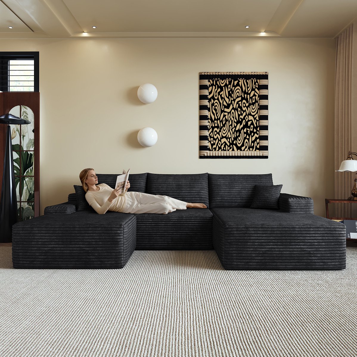 OKWISH Hoekbank 270 cm - Modulaire Bank Met L-Vormige Chaise Longue En Diepe Zitting - Woonkamer Of Slaapkamer - Stof - Zwart