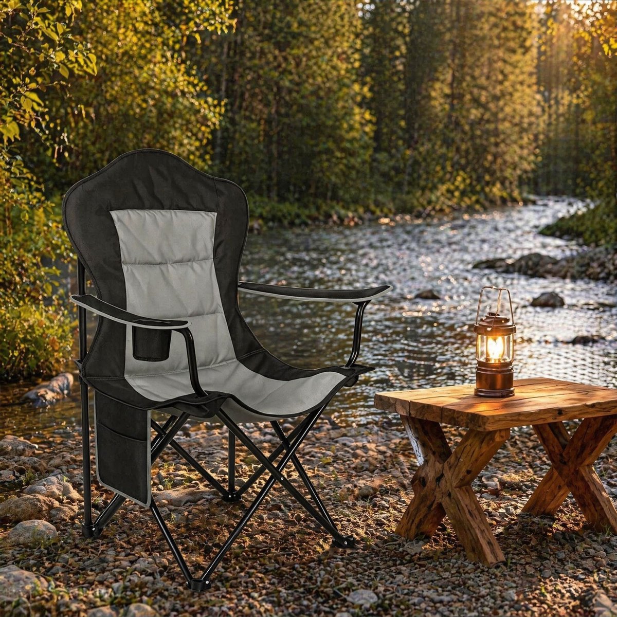 MODENUIT Campingstoel 84 x 110 x 62 cm - Opvouwbaar Met Bekerhouder - Voor Strand En Camping - Oxford Zwart