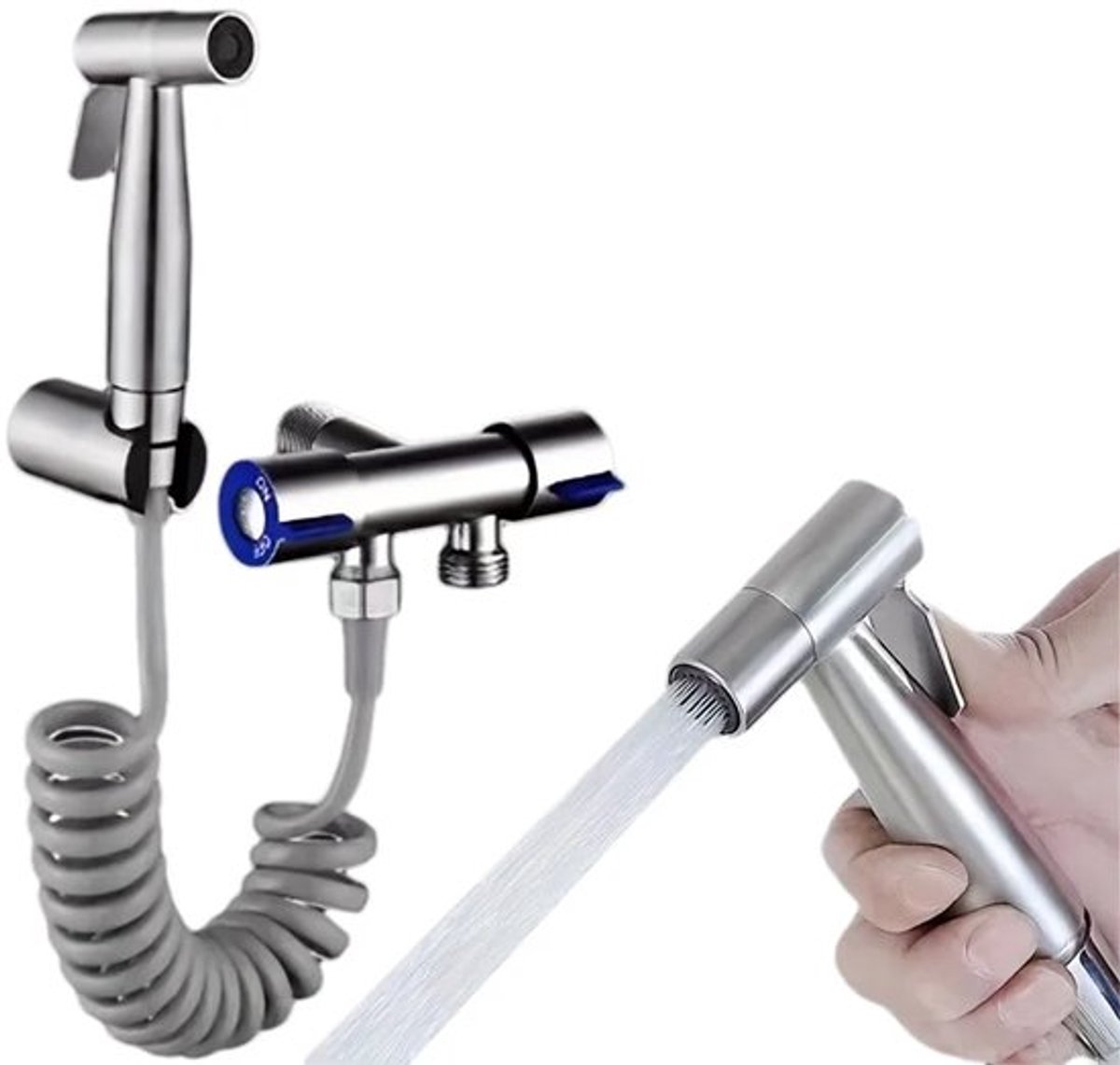 Handdouche met sproeikop voor kraan en toilet, gemaakt van roestvrij staal met een geborstelde afwerking, geschikt voor badkamers en toiletten.