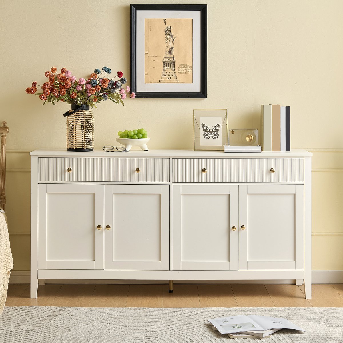 DESMIU Dressoir - 2 Lades En 4 Deuren Met Verstelbare Planken - Voor Keuken Eetkamer En Woonkamer - MDF - 160x40x82 Cm - Wit