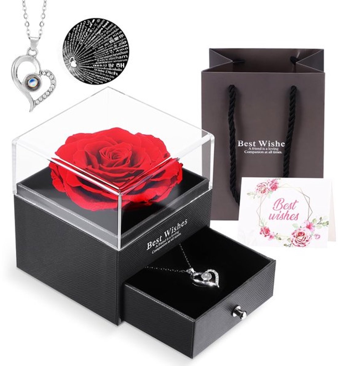 Sieraden Cadeaudoos - Handgemaakte Echte Roos - I Love You Ketting - Verjaardag/Jubileum - 3-5 Jaar Houdbaarheid - Inclusief Wenskaart/Draagtas - Cadeau