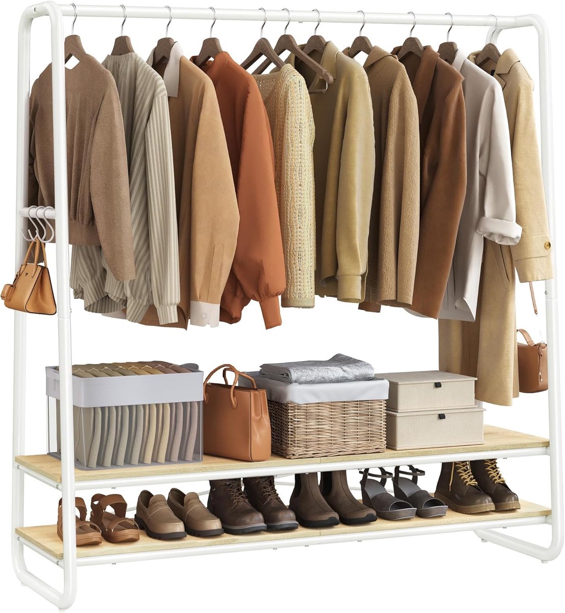 VASAGLE RGR119W09 Kledingrek met 2 planken en 6 S-haken, stalen frame, 45 x 138 x 160 cm, voor slaapkamer, hal, entree, naturel beige, mat wit