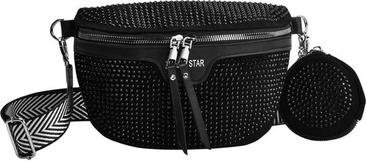 Buiktas voor dames, strass PU heuptas, crossbody bag met brede riem, leren schoudertas klein, schoudercrossbody borsttas met muntenportemonnee hanger, zwart, 24 * 16 * 7 cm, mode