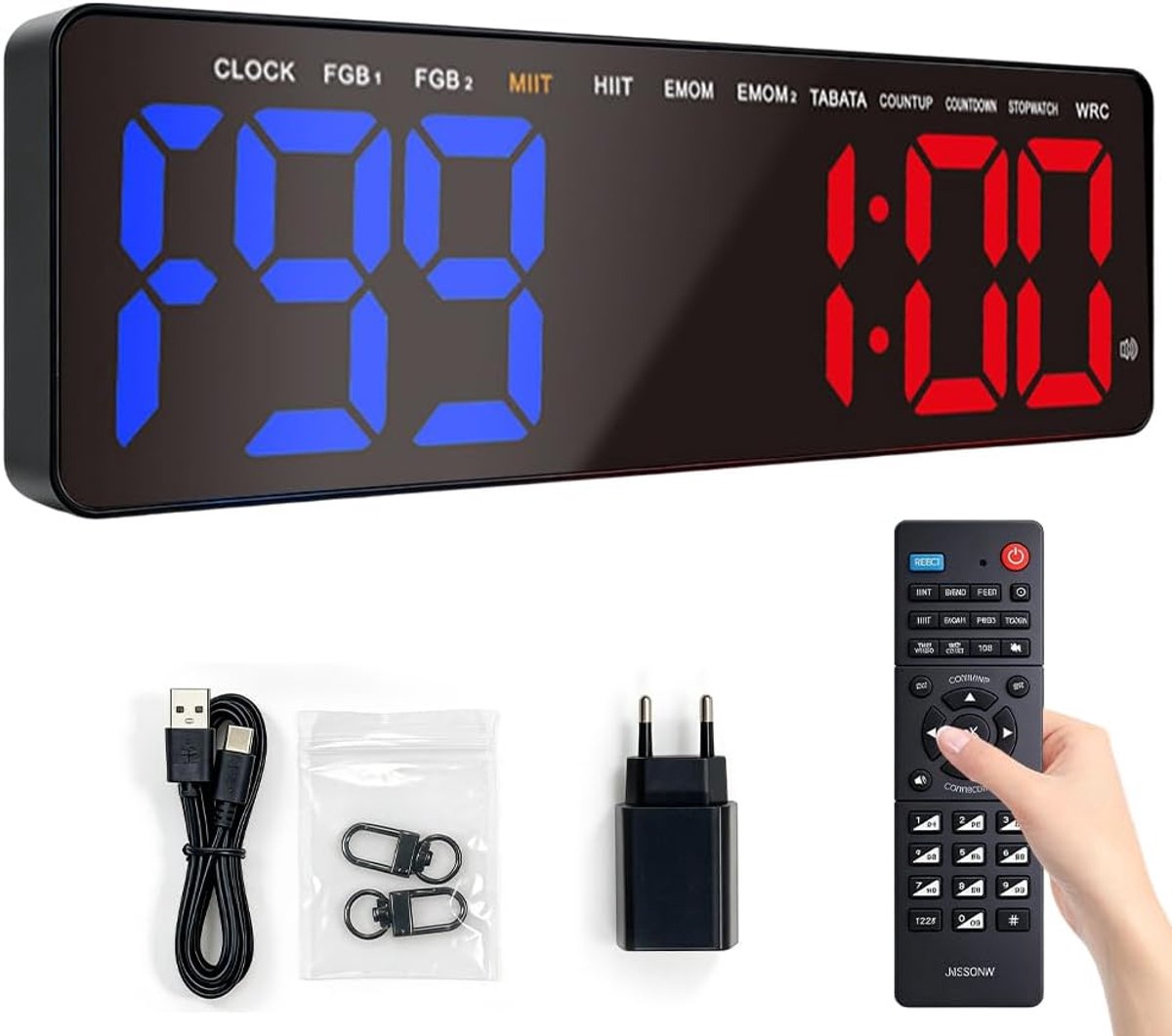 SnelShoppen - Gym Timer, digitale intervaltimer met countdown/up, stopwatch, grote 40 cm (16,5 inch) LED-wandklok voor fitness, HIIT, Tabata, thuis en