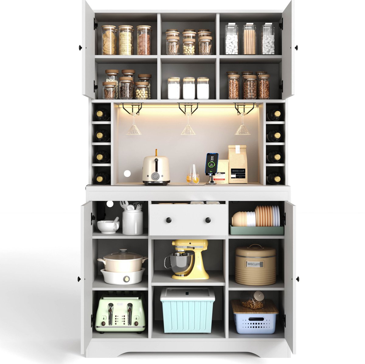 DESMIU Keukenkast - Hoge Buffetkast Met Ledverlichting En Stopcontacten - Wijnrek En Lade Voor Keuken En Eetkamer - Spaanplaat - 105x39x180 Cm - Wit
