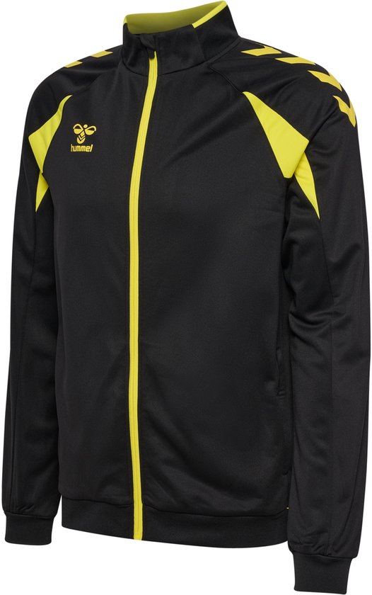 Zwarte Hummel trainingsjas met gele accenten op de schouders en rits. Hummel logo op de borst.