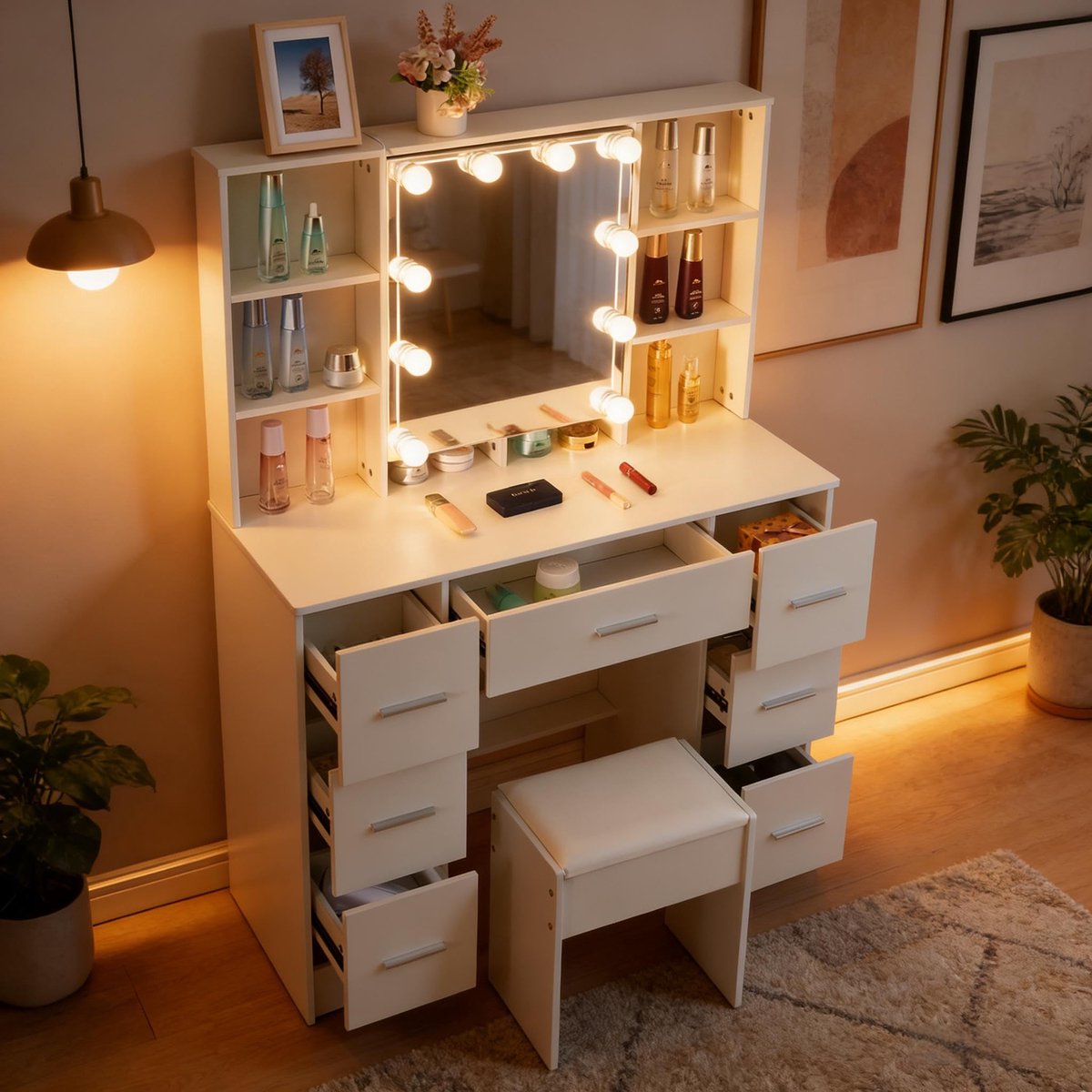 SnelShoppen - Grote Kaptafel met Spiegel en Verstelbare 3-Kleurige Verlichting, Witte Make-up Tafel met Kruk, 7 Laden en 6 Planken, 100x40x140 cm, Mod