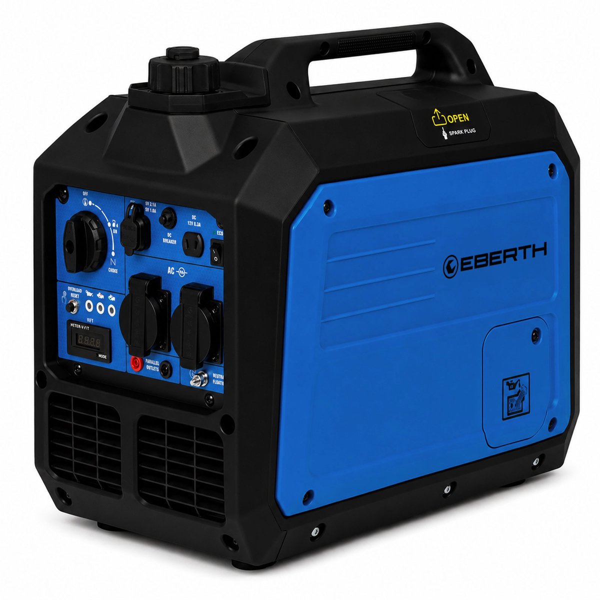EBERTH 3500 Watt omvormergenerator, stil, noodstroomaggregaat met benzinemotor, 4-takt, stroomgenerator met 2x 230 V Schuko, 12 V en USB-aansluiting, omvormertechnologie met zuivere sinusgolf, ECO-modus