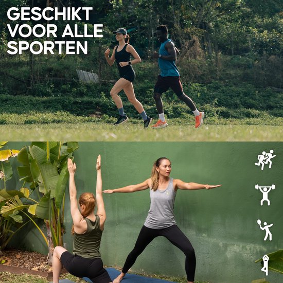 Een sporttop voor dames en heren die rent, en twee dames die yoga doen. Geschikt voor alle sporten.