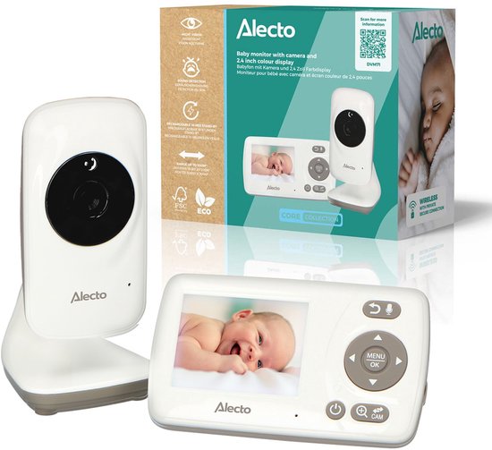 Verpakking Alecto babyfoon DVM71 met camera en 2.4 inch kleurendisplay. Met baby op de monitor.