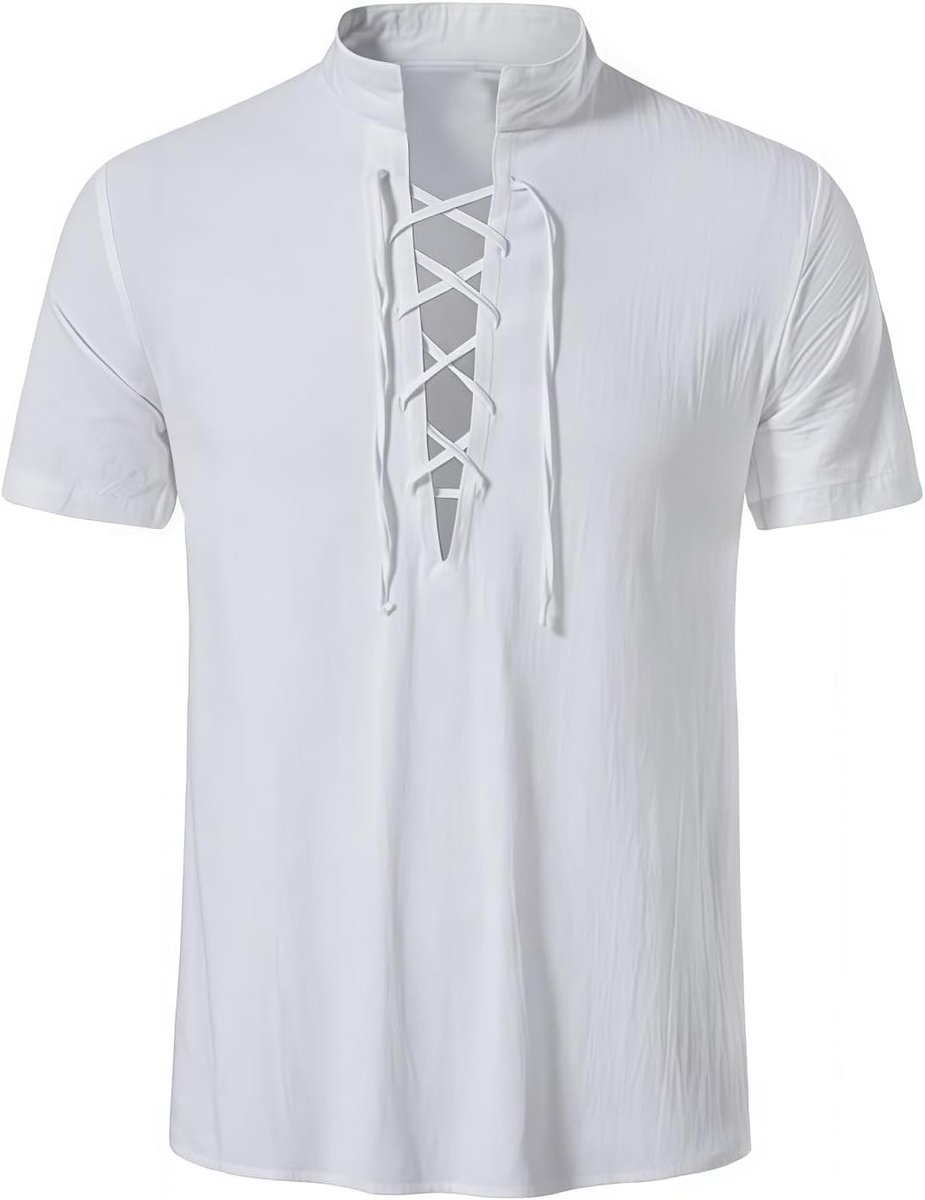 Korte Mouwen Katoen Linnen T-Shirt voor Mannen | Middeleeuwse Steampunk Blouse met Vetersluiting | Vintage Viking Losse Pasvorm voor Carnaval