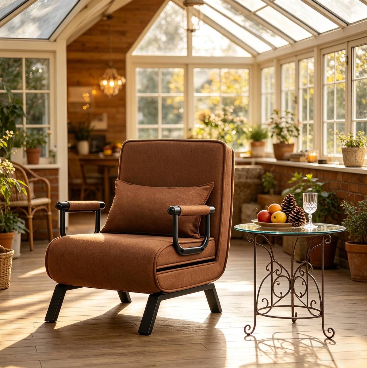 REDOM - Fauteuil - 3 in 1 slaapstoel met verstelbare rugleuning - Met armleuningen - Met kussen - Metalen frame - Bruin - 65 x 78 x 75 cm
