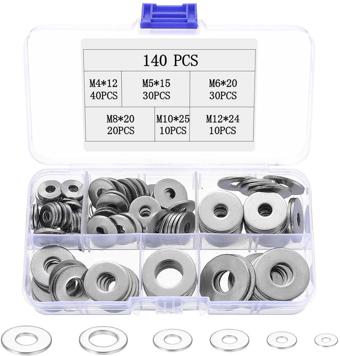 140-delige RVS Ringenset voor Bevestigingen, Diverse Maten Vlakke Washers voor Schroeven M4 M5 M6 M8 M10 M12, Duurzaam en Corrosiebestendig