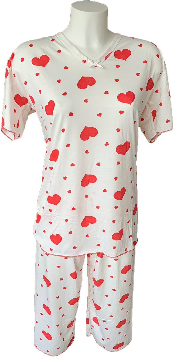 Dames Pyjamaset met Rode Hartjes Patronen - Korte Mouwen Shirt en Driekwart Broek - 95% Katoen en 5% Lycra/Elastaan - Maat XXL
