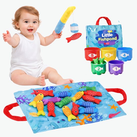 Bébé avec jouet de pêche : canne, poissons colorés et seaux numérotés 1-5.