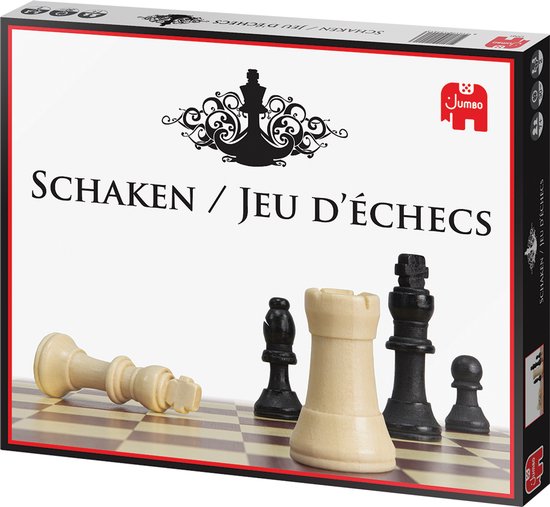 Verpakking van het schaakspel Schaken/Jeu d'échecs van Jumbo. Met schaakstukken en een schaakbord.